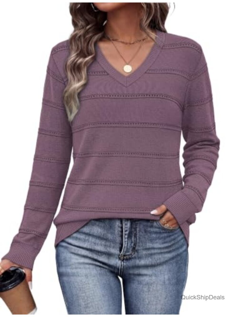 Women's V-Neck Knit Sweater Lightweight Long Sleeve Pullover Casual Crochet